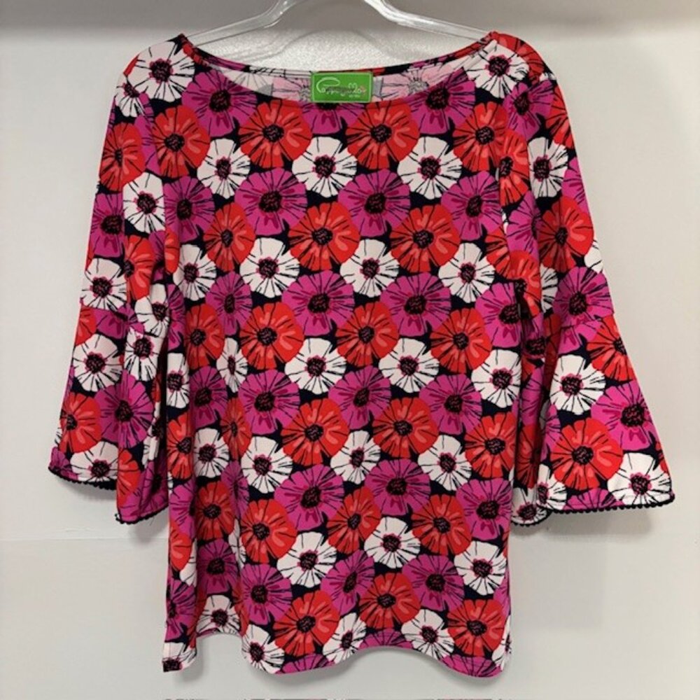 Pappagallo Navy Pink Red Floral 3/4 Bell Sleeve Pullover Top L Bold Artsy Chic